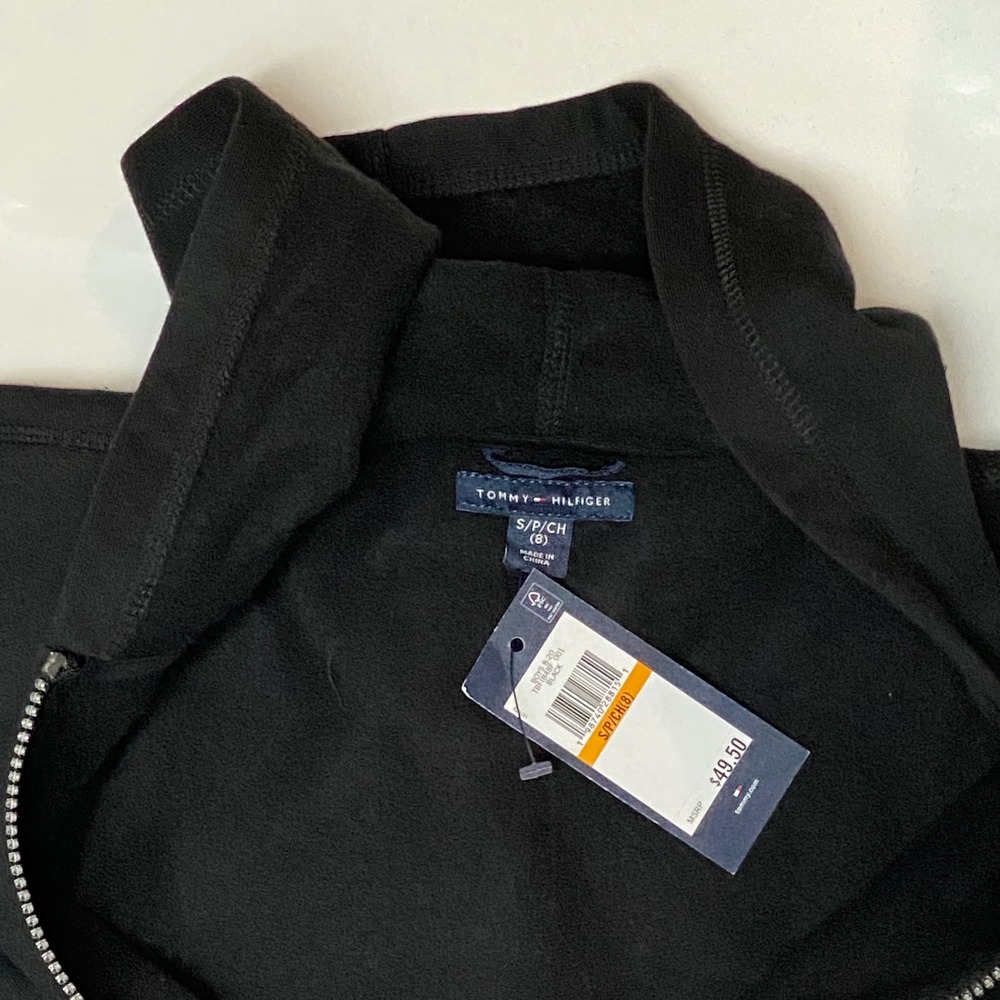 Tommy Hilfiger Black‎ Zip Up Hoodie Boys Girls Signature Logo Sleeve Sm 6-8 NWT - Picture 9 of 9